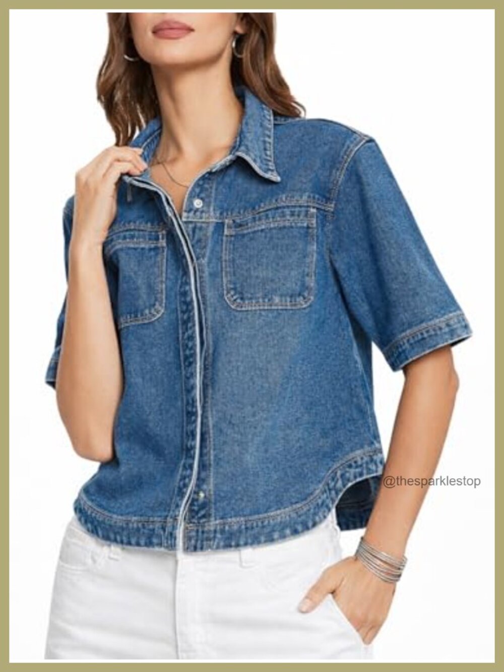 Women's Denim Button Down Shirt Short Sleeve Casual Shacket